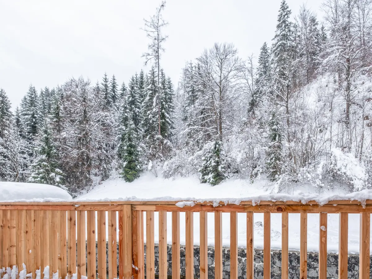 The wooden balcony railing under a layer of snow, with a snowy forest behind.